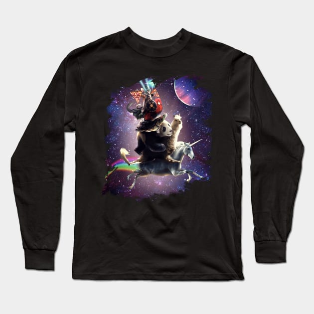 Cat Riding Chicken Turtle Panda Llama Unicorn Long Sleeve T-Shirt by Random Galaxy